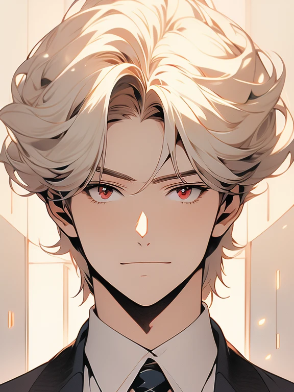 standing alone, anime drawing of a man with blond hair and red eyes, clean anime outlines, prayer posture, side bangs, Average hair length, anime portrait of a handsome man, male anime style, facial smile