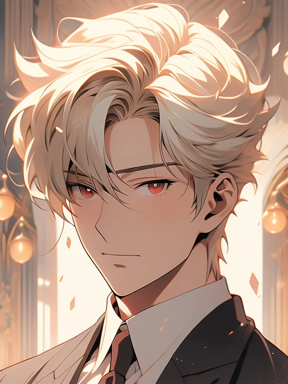 standing alone, anime drawing of a man with blond hair and red eyes, clean anime outlines, prayer posture, side bangs, Average hair length, anime portrait of a handsome man, male anime style, facial smile