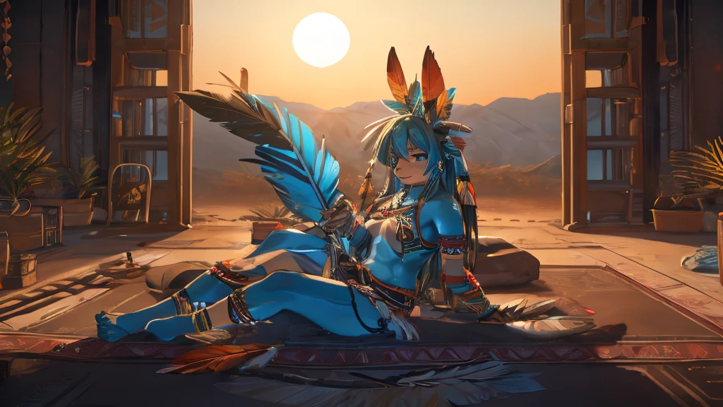 Miku Hatsune, add high definition_detail:1, blue fur,kitsune ears, tribal tattoo add_detail:1, sensual pose against the wall add_details:1, tribal feather necklage, rainbowed feather skirt, tribal feather ornaments for the body high definition, tribal feather bralette, desertic landscape oasis in the background, exhausted girl, sweating, very hot, intense sun add_detailsl 