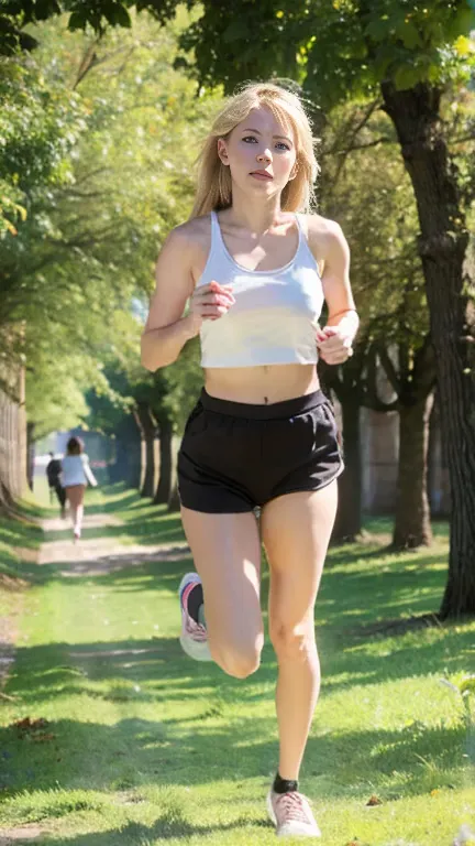 running in the park、a foreign blonde woman around 24 years old