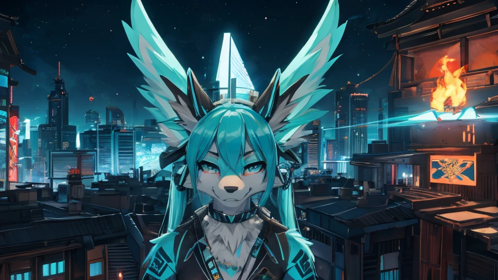 miku hatsune, ajouter la haute définition_détail:1, fourrure bleue,oreilles de kitsune, tatouage tribal ajouter_détail:1, paysage urbain apocalypse 