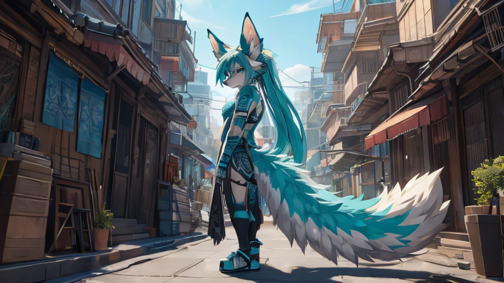 miku hatsune, ajouter la haute définition_détail:1, fourrure bleue,oreilles de kitsune, tatouage tribal ajouter_détail:1, paysage urbain apocalypse 