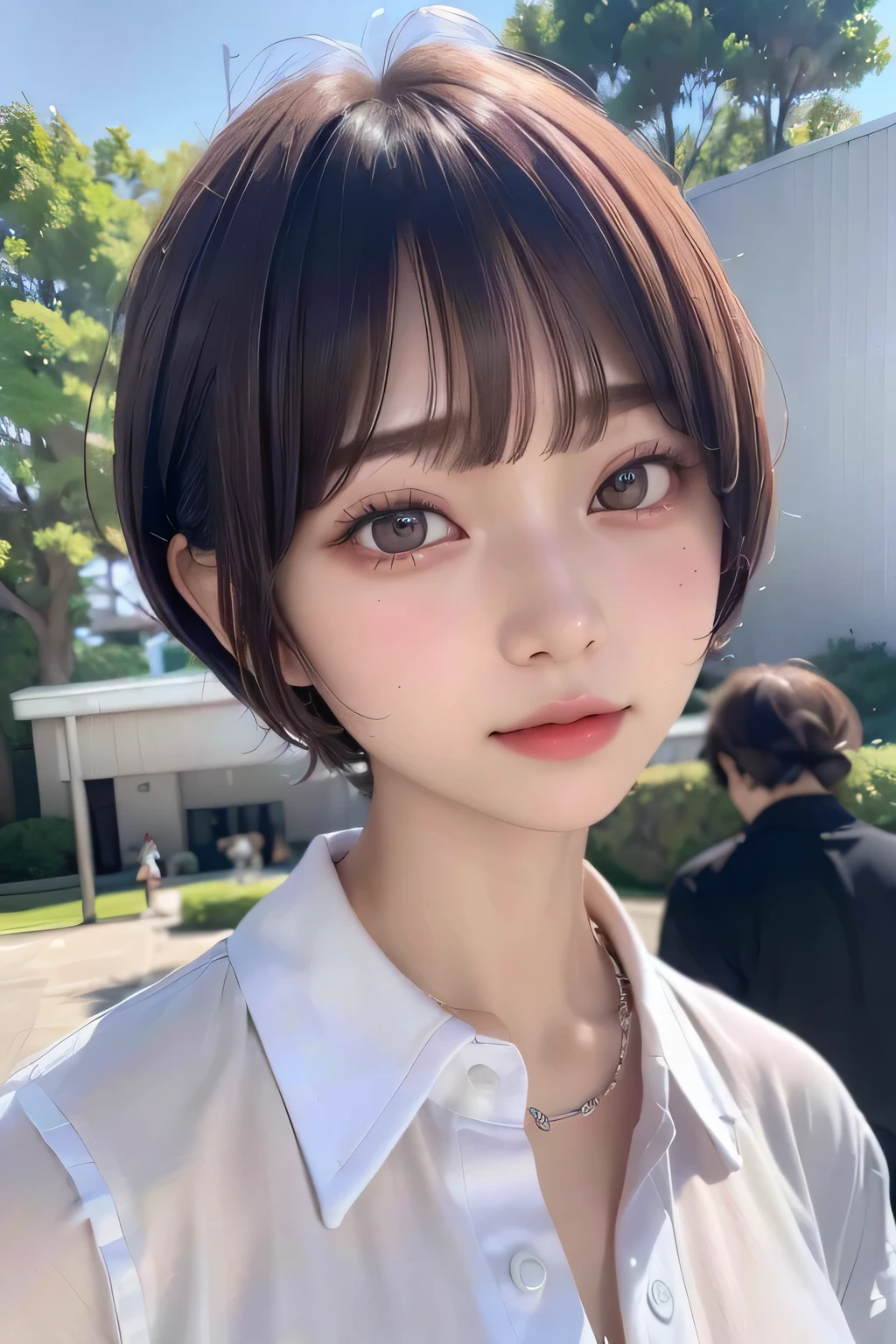 (Highest quality:1.3)、(Masterpiece:1.4)、Raw photo、8K、((Best image quality))、 ((High resolution))、Beautiful face in every detail、Realistic human skin、Gentle expression、(Cute natural anime face)、(One Woman:1.3)、Realistic、Photorealistic、short hair、(Beautiful woman)、((Cool Japan girl))、(boyish:1.3)、mannish、((Beautiful woman))、(Beautiful Hair)、((Dark brown hair))、(Blushing:1.5)、(Fashion Model:1.3)、(Every woman admires her face:1.3)、((Her eyes are big))、 year old beauty、(Small face)、Small Head、((Long neck))、(High school girls)、uniform、(Japanese high school uniform)、(High school girlsのuniform)、((White button-up shirt))、 shirt with a wide open chest)、Collared shirt、(necklace)、(The aspirations of young people)、(The center of attention in school:1.3 )、everyone will love her、You can almost see your cleavage、Attractive lips、[[smile]]、(She has a great figure)、((schoolyard))、(be shy、Embarrassed)