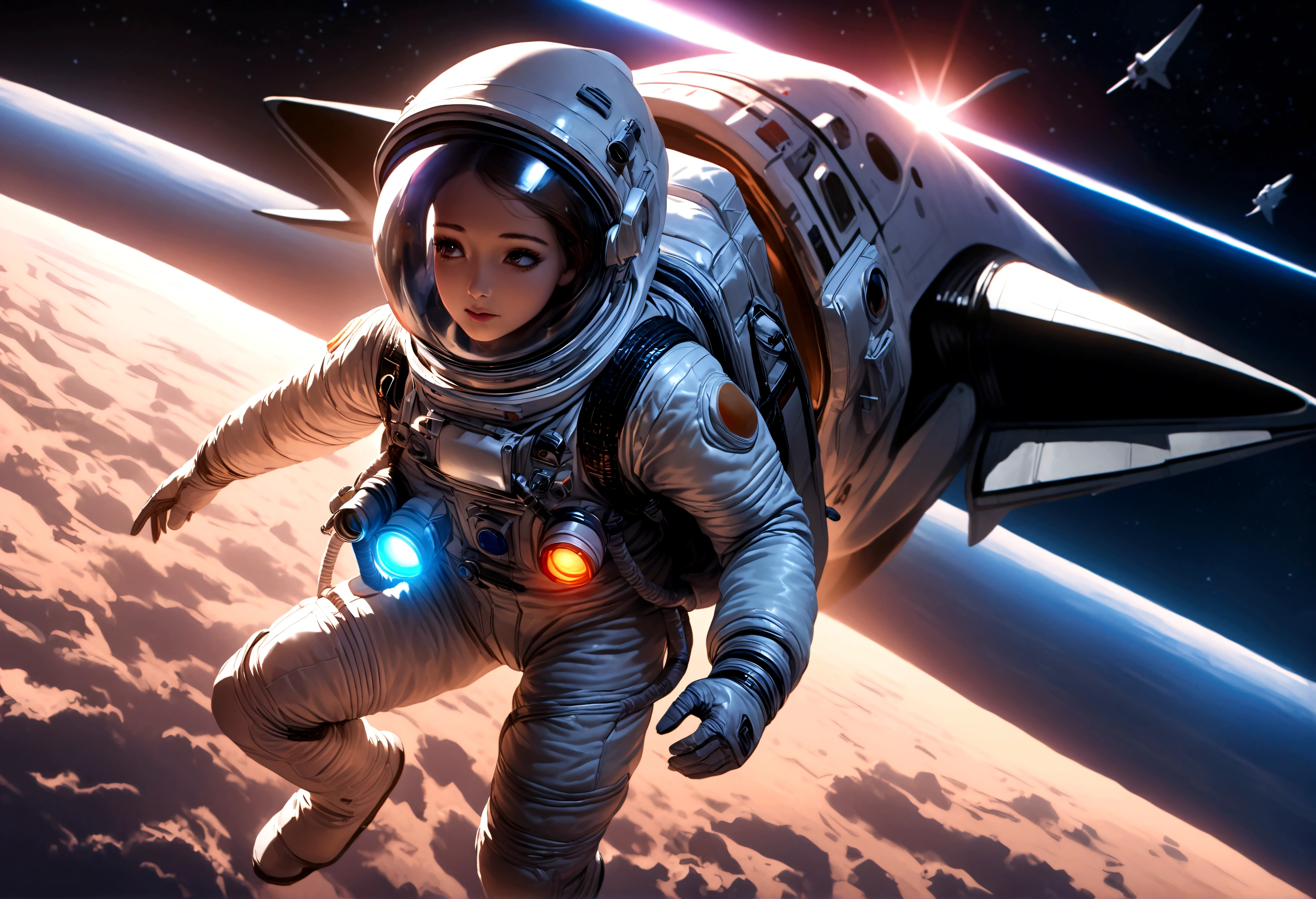 a highly detailed and realistic astronaut in a retro 80s style space suit with a maneuvering thruster backpack, standing outside a space shuttle, a detailed alien spaceship, an alien creature flying towards the astronaut, cinematic lighting, dramatic sci-fi atmosphere, vibrant colors, photorealistic, masterpiece
