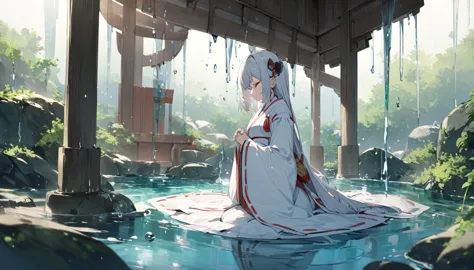 A Japanese shrine maiden meditates in a beautiful and mysterious cave dripping with water drops.
