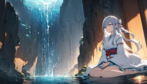 a japanese shrine maiden meditates in a beautiful and mysterious cave dripping with water drops.