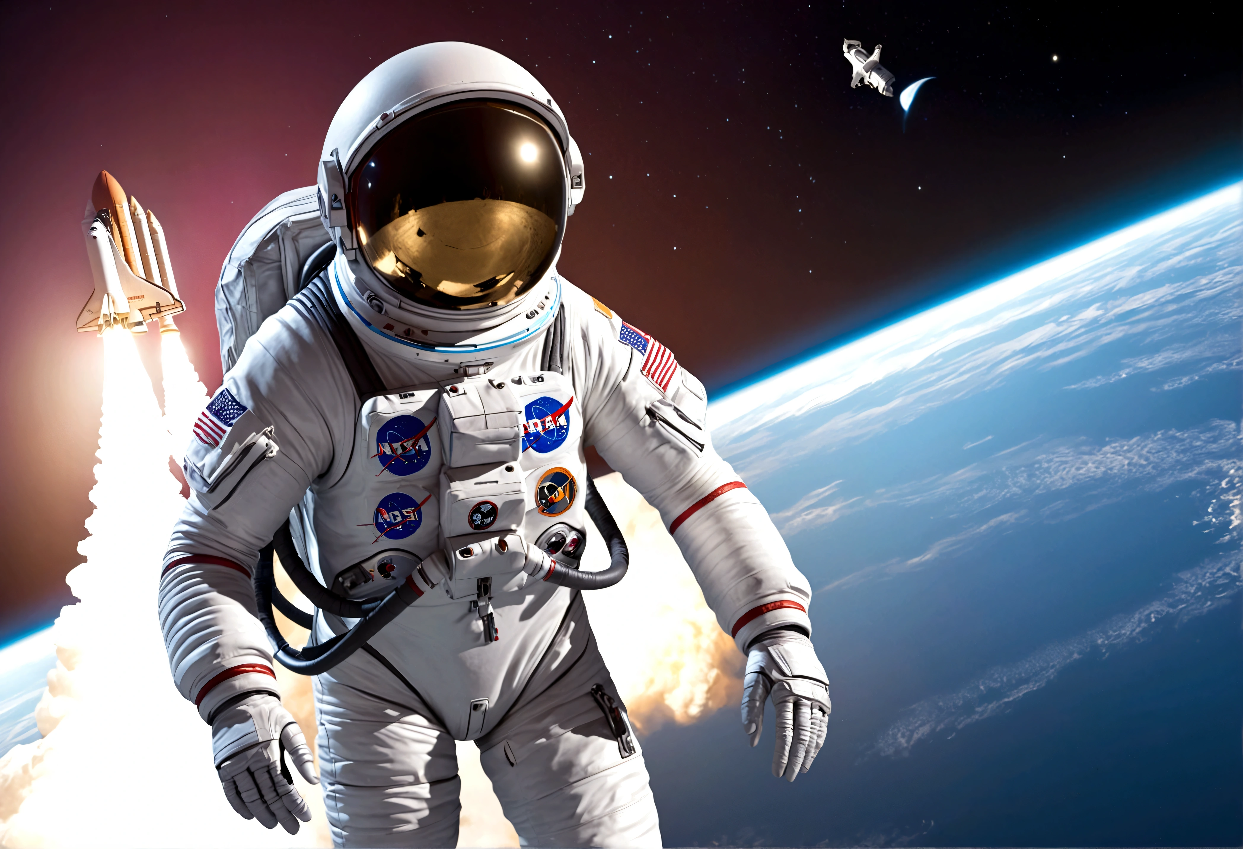 a highly detailed and realistic astronaut in a retro 80s style space suit with a maneuvering thruster backpack, standing outside a space shuttle, a detailed alien spaceship, an alien creature flying towards the astronaut, cinematic lighting, dramatic sci-fi atmosphere, vibrant colors, photorealistic, masterpiece
