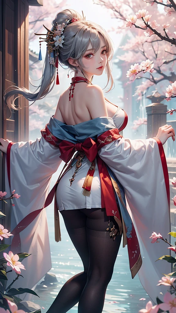 (masterpiece:1.5, Highest quality, Very detailed、 Dutch Angle、Semi-realistic、Fantasy)(One Girl, alone)(Silver Hair:1.6,,Straight Long Hair)(Wearing Han clothes, Royalty、White and red Hanfu:1.5,Thick fabric,Long sleeve)、((Off the shoulder、medium breasts, Beautiful cleavage、ruby ​​necklace))((Above the knee tights))(from backside,cherry blossoms、dead tree、Mystical Night、Particles of light float around the woman、Fantasyのためのスペース)
