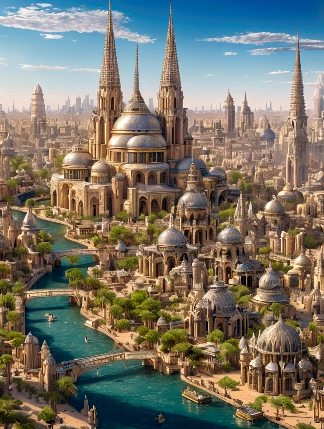 In the heart of the desert, ancient whispers echo through the gleaming spires of an shiny white city that defies time. The city is filled with beautiful intricate and interconnected canals and a lush exuberant vegetation, closeup view.