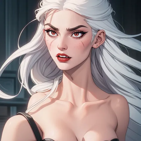 1:girl, better_scar, veins, burn scar, scar on nose, white hair, long hair, blunt bangs, serious, vampire, pale skin, lipstick, ...