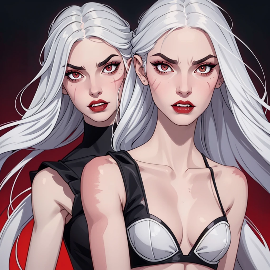 1:girl, better_scar, veins, burn scar, scar on nose, white hair, long hair, blunt bangs, serious, vampire, pale skin, lipstick, lips, red lips, big breasts, eyeliner, bra, fangs ((solo half body portrait)