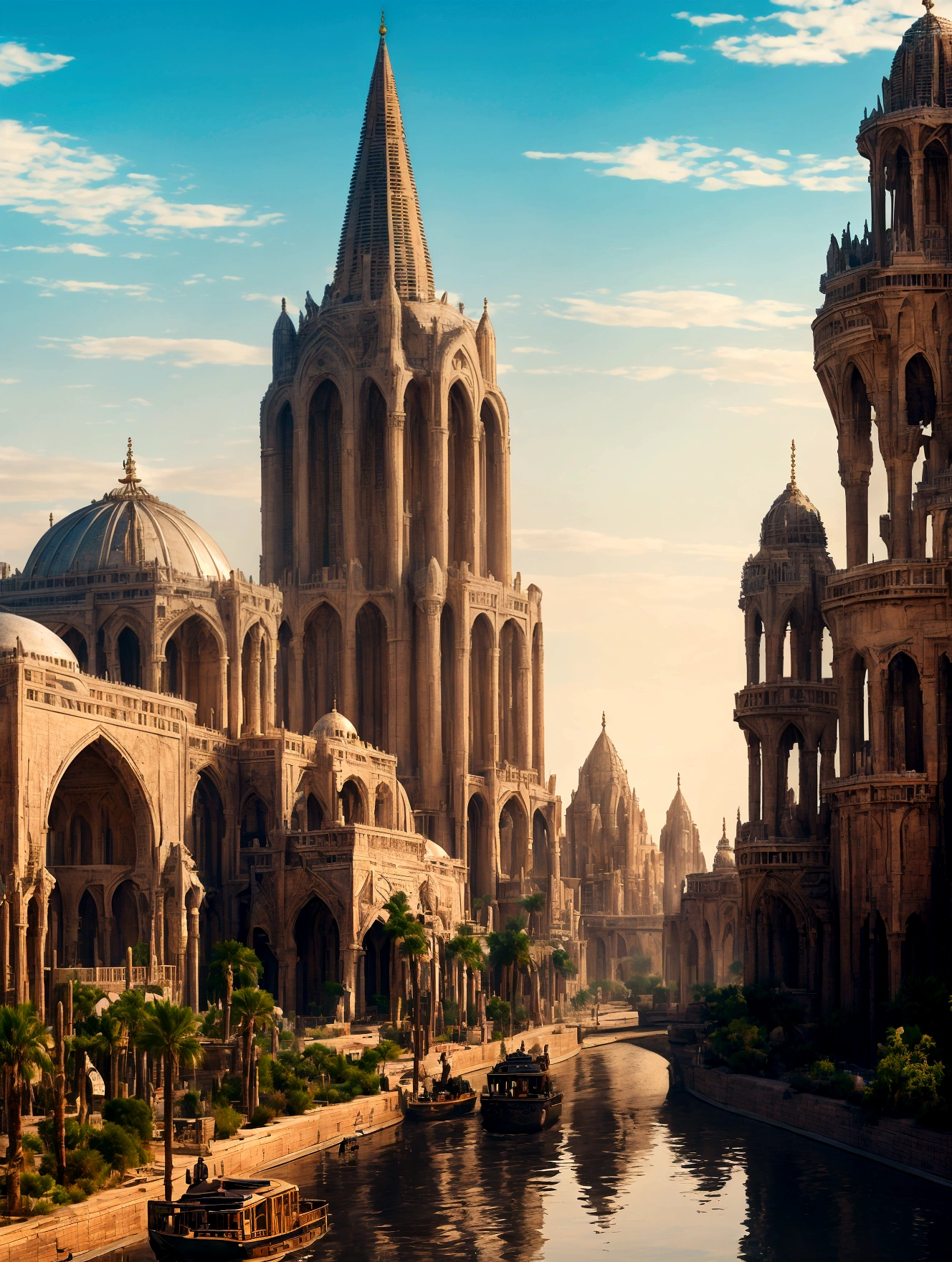 In the heart of the desert, ancient whispers echo through the gleaming spires of an shiny white city that defies time. The city is filled with beautiful intricate and interconnected canals and a lush exuberant vegetation, closeup view.