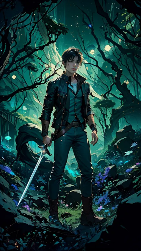 A movie poster featuring a handsome young man in a dark, wooded setting. He is holding/pointing a sword, ready to fight. His att...