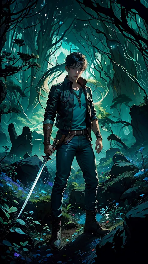 A movie poster featuring a handsome young man in a dark, wooded setting. He is holding/pointing a sword, ready to fight. His att...