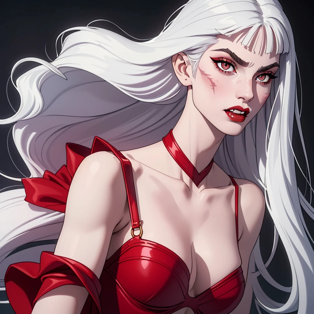 1:1 vampire girl, better_scar, veins, burn scar, scar on nose, white hair, long hair, blunt bangs, serious, vampire, pale skin, lipstick, lips, red lips, big breasts, eyeliner, bra, fangs ((solo half body portrait) high quality ((HD)) beautiful, sexy