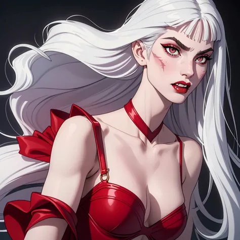 1:1 vampire girl, better_scar, veins, burn scar, scar on nose, white hair, long hair, blunt bangs, serious, vampire, pale skin, ...