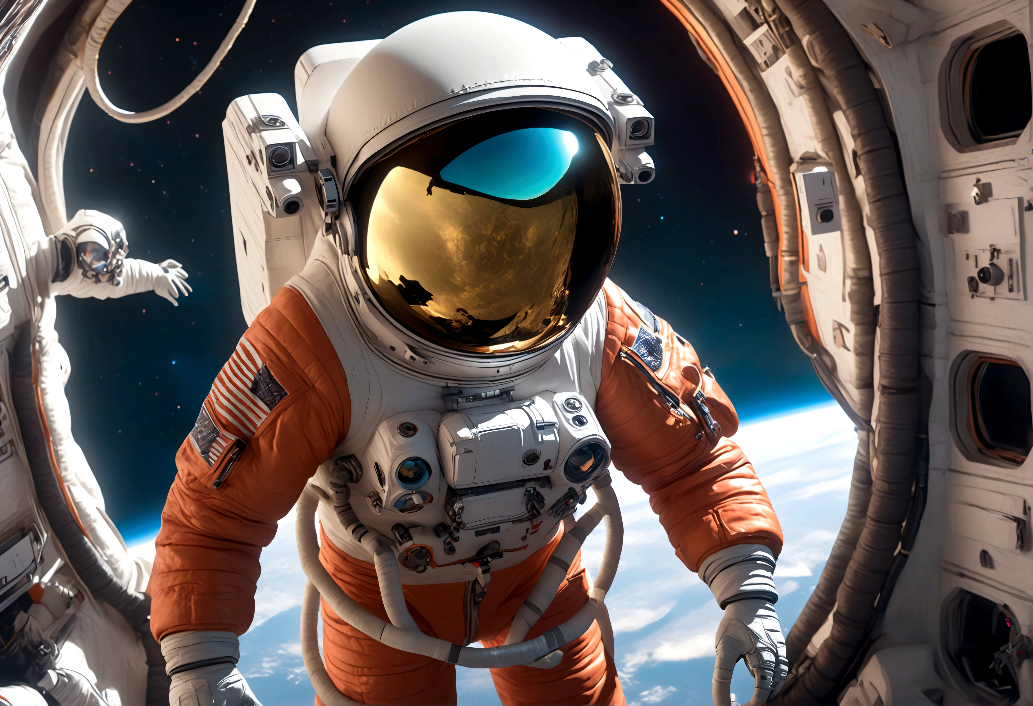 a highly detailed and realistic astronaut in a retro 80s style space suit with a maneuvering thruster backpack, standing outside a space shuttle, a detailed alien spaceship, an alien creature flying towards the astronaut, cinematic lighting, dramatic sci-fi atmosphere, vibrant colors, photorealistic, masterpiece
