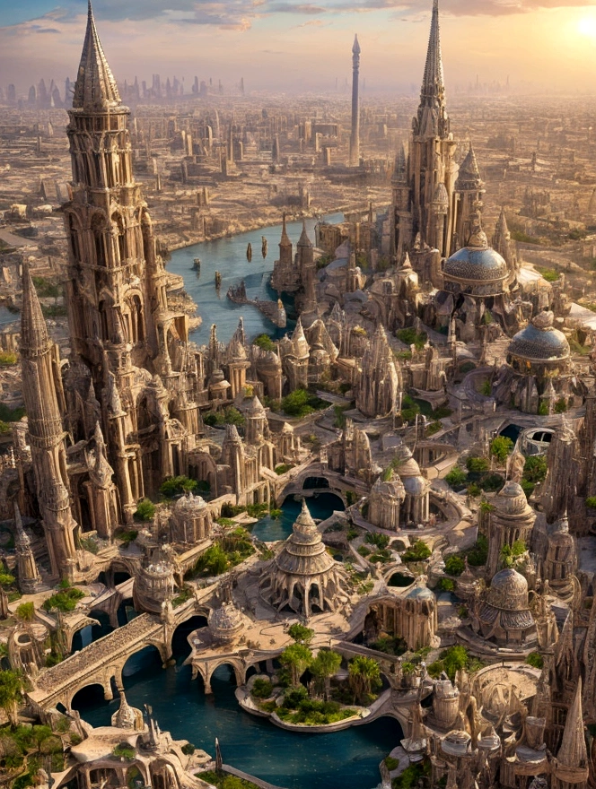 In the heart of the desert, ancient whispers echo through the gleaming spires of an shiny white city that defies time. The city is filled with beautiful intricate and interconnected canals and a lush exuberant vegetation, closeup view.