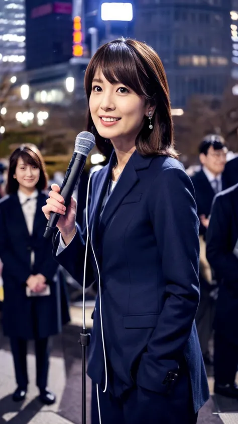 a cute japanese announcer holding a microphone and broadcasting from outside、caster full body photo、down coat and slim black bus...