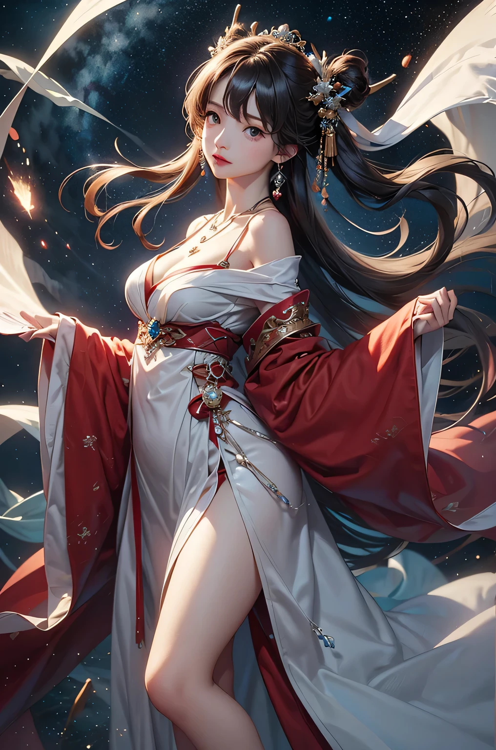 (masterpiece:1.5, Highest quality, Very detailed、 Dutch Angle、Semi-realistic、Fantasy)(One Girl, alone)(Silver Hair:1.6,,Straight Long Hair)(Wearing Han clothes, Royalty、White and red Hanfu:1.5,Thick fabric,Long sleeve)、((Off the shoulder、medium breasts, Beautiful cleavage、ruby ​​necklace))(from backside),(Beautiful starry sky、Mystical Night、Particles of light float around the woman、Fantastic space)
