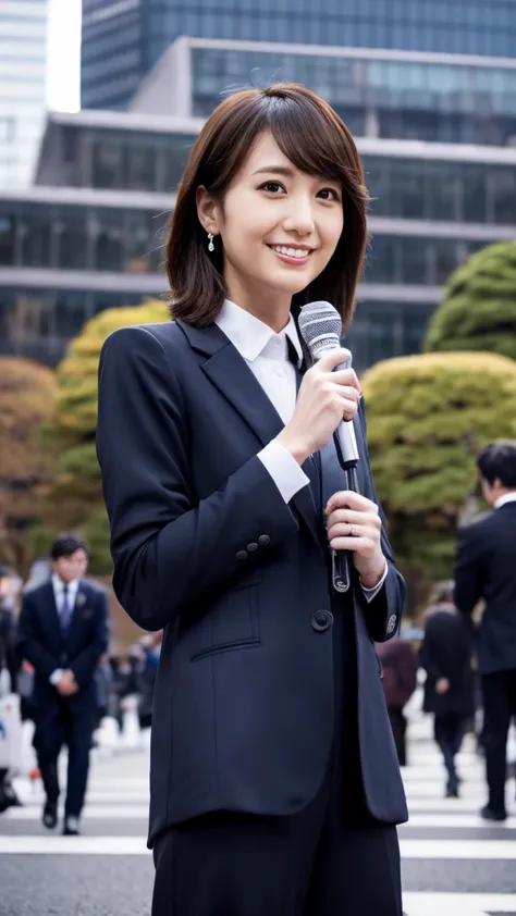 the whole body of a cute japanese announcer holding a microphone and broadcasting outside、caster full body photo、down coat and s...