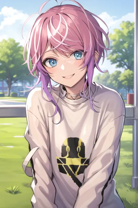 amemura ramuda, from front, upper body, smile at me, white t-shirt, clear sky, outside, in the park