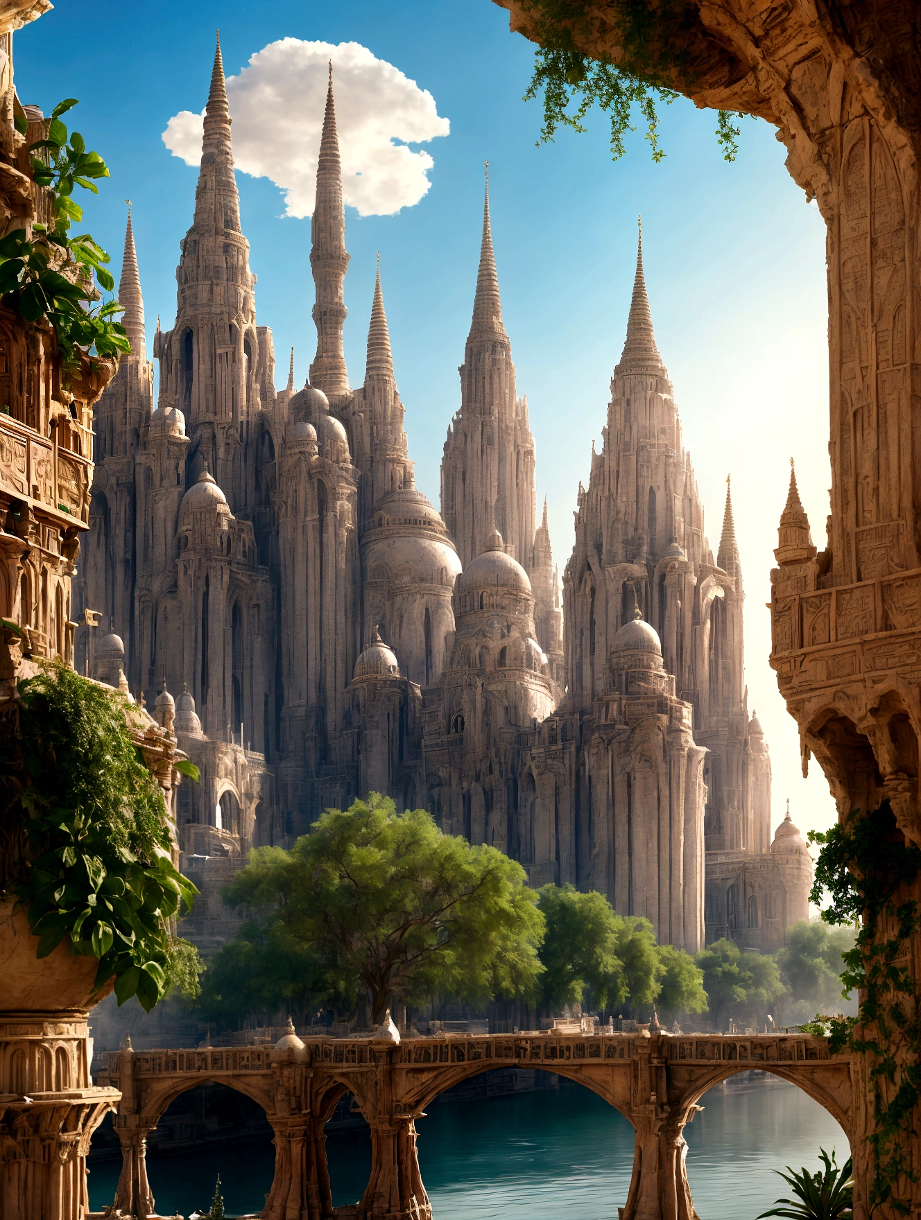 In the heart of the desert, ancient whispers echo through the gleaming spires of an shiny white city that defies time. The city is filled with beautiful intricate and interconnected canals and a lush exuberant vegetation, closeup view.