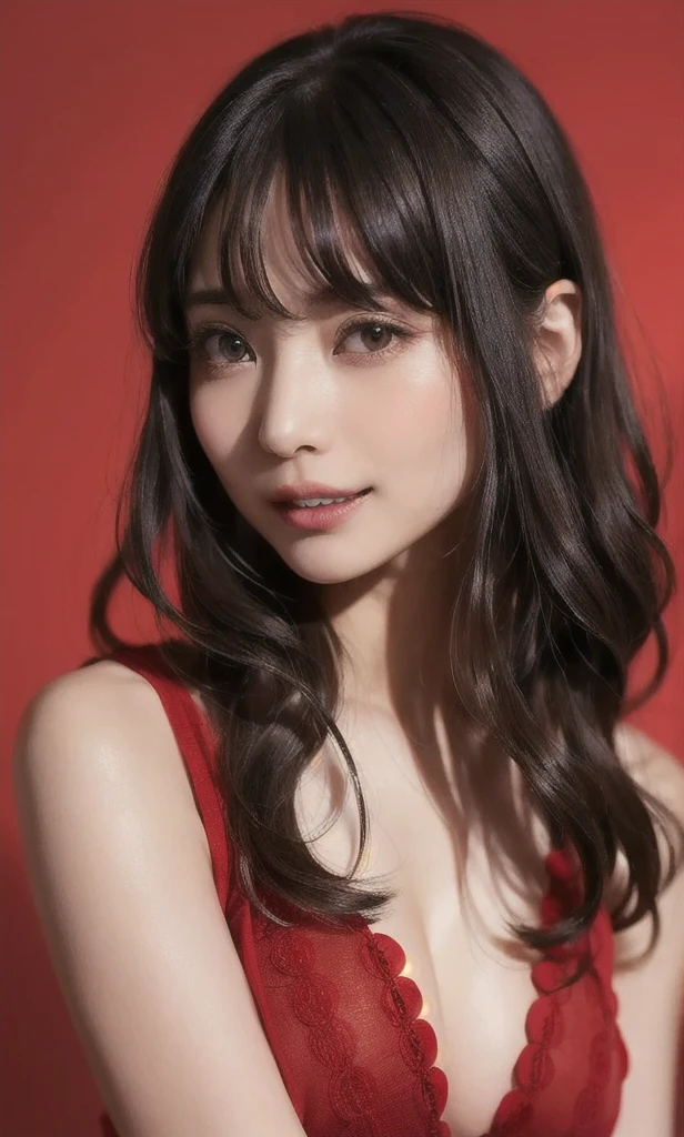 (software:1.8、masterpiece, Highest quality),1 Girl, alone, have, Realistic, Realistic, Looking at the audience, Light brown eyes, Highly detailed shiny long hair,Beautiful symmetrical face、Spring Clothes:1.6, Whity, lips, bangs, Highly detailed beautiful face、very fine and beautiful eyes、, Mouth closed, Upper Body、Big eyes、eyelash、((Very simple red background:1.8))、(((Long black hair with bangs、Short shiny hair、Big eyes、big and full chest、Looking at the audience、Innocent beauty、Show me your ears、Beautiful long neck、smile、please close your mouth and smile)))、Ideal body type、{Huge|big|Huge|mega} chest:2, Chest cleavage:2、Happy smile、Beautiful Teeth、White lingerie