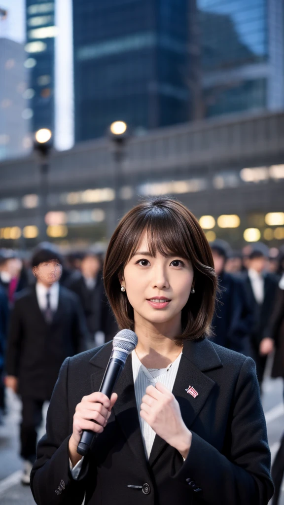 Full body of a cute Japanese announcer holding a microphone and doing an outside broadcast with a serious expression, full body photo of a newscaster, black down coat and black slim business pants suit, pumps, serious expression, broadcasting in front of Tokyo Station, mid-winter, super detailed face, masterpiece, five fingers