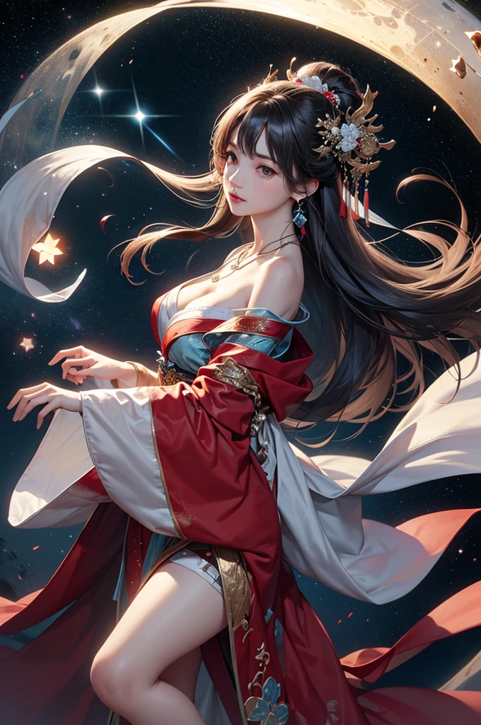 (masterpiece:1.5, Highest quality, Very detailed、 Dutch Angle、Semi-realistic、Fantasy)(One Girl, alone)(Silver Hair:1.6,,Straight Long Hair)(Wearing Han clothes, Royalty、White and red Hanfu:1.5,Thick fabric,Long sleeve)、((Off the shoulder、medium breasts, Beautiful cleavage、ruby ​​necklace))(from backside),(Beautiful starry sky、Mystical Night、Particles of light float around the woman、Fantastic space)
