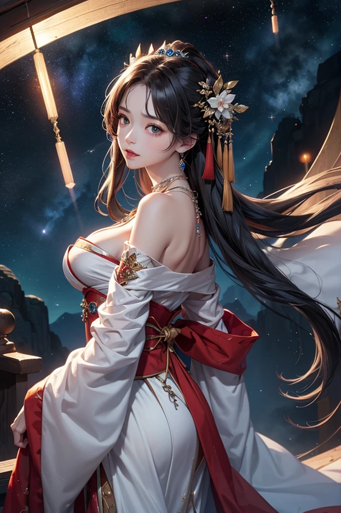 (masterpiece:1.5, Highest quality, Very detailed、 Dutch Angle、Semi-realistic、Fantasy)(One Girl, alone)(Silver Hair:1.6,,Straight Long Hair)(Wearing Han clothes, Royalty、White and red Hanfu:1.5,Thick fabric,Long sleeve)、((Off the shoulder、medium breasts, Beautiful cleavage、ruby ​​necklace))(from backside),(Beautiful starry sky、Mystical Night、Particles of light float around the woman、Fantastic space)
