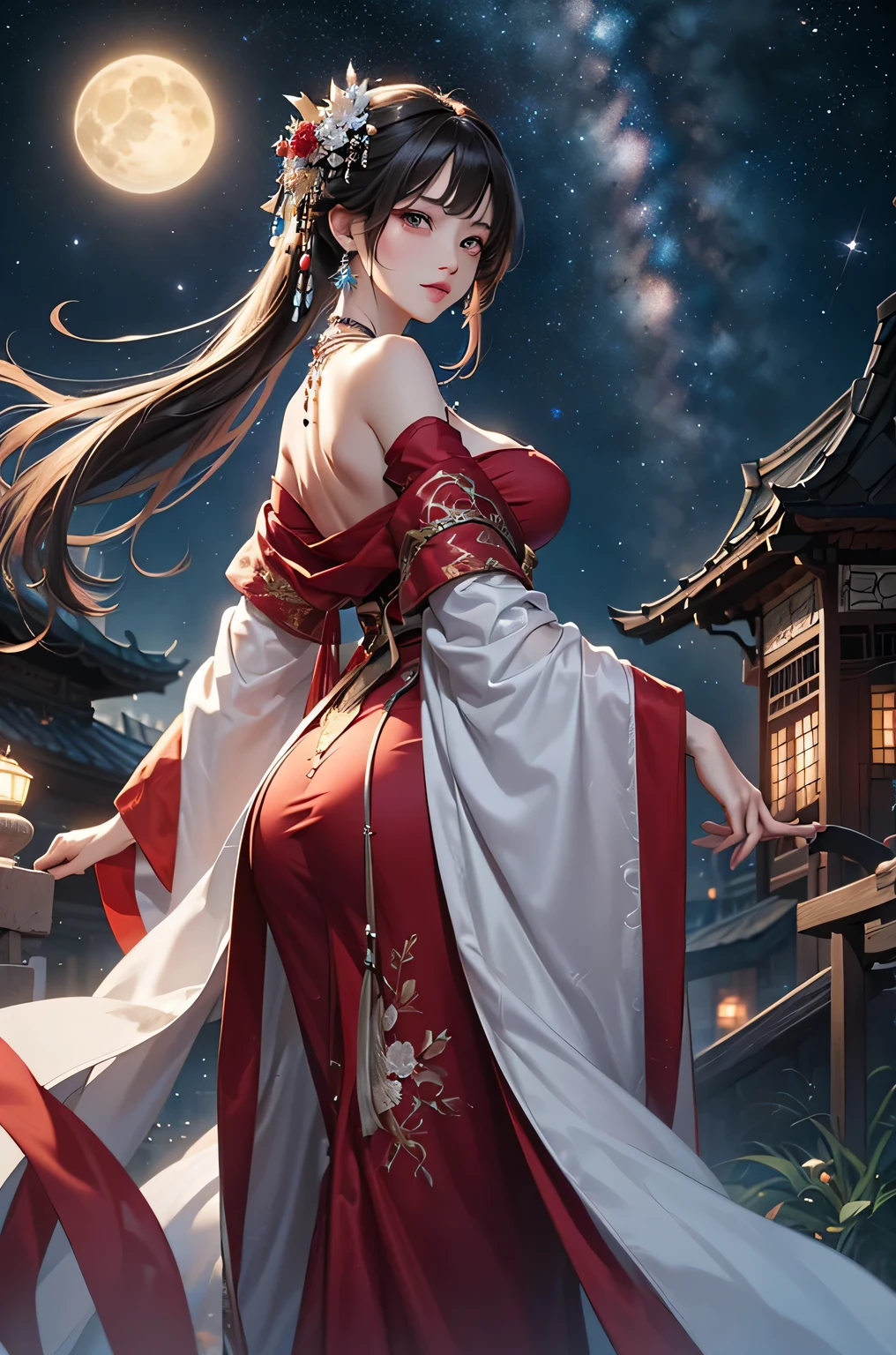 (masterpiece:1.5, Highest quality, Very detailed、 Dutch Angle、Semi-realistic、Fantasy)(One Girl, alone)(Silver Hair:1.6,,Straight Long Hair)(Wearing Han clothes, Royalty、White and red Hanfu:1.5,Thick fabric,Long sleeve)、((Off the shoulder、medium breasts, Beautiful cleavage、ruby ​​necklace))(from backside),(Beautiful starry sky、Mystical Night、Particles of light float around the woman、Fantastic space)
