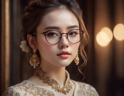 beautiful girl wearing glasses,detailed facial features,long eyelashes,porcelain skin,delicate facial expression,elegant hairsty...