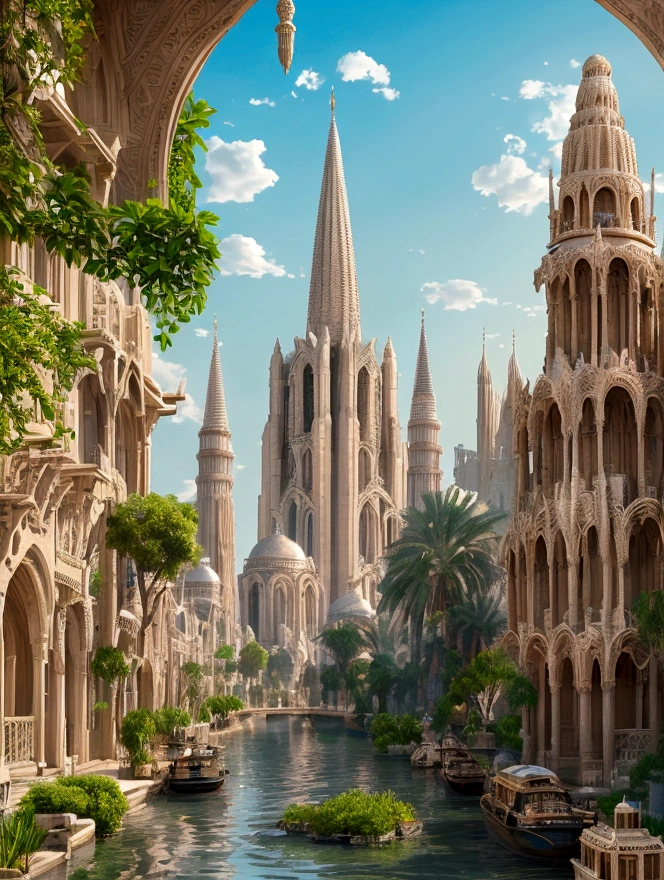 In the heart of the desert, ancient whispers echo through the gleaming spires of an shiny white city that defies time. The city is filled with beautiful intricate and interconnected canals and a lush exuberant vegetation, closeup view.