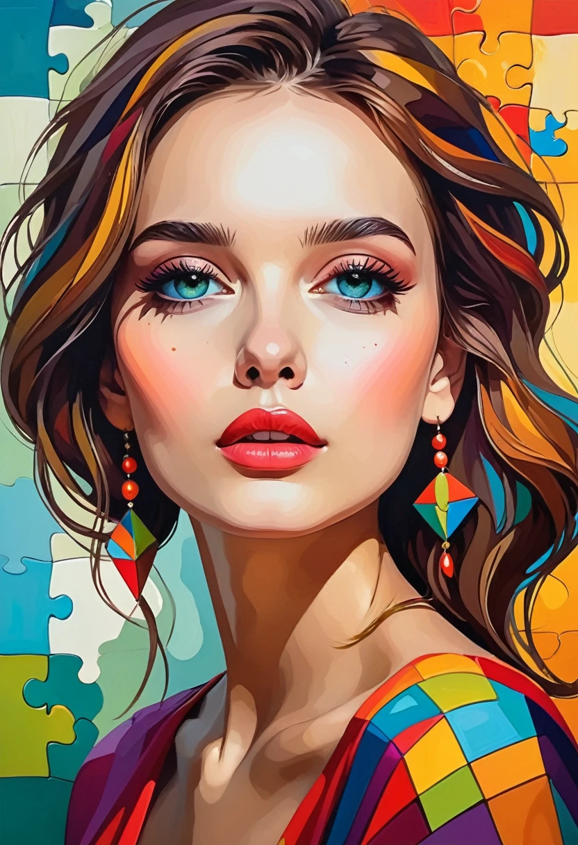 Decorative paintings，Girl Portrait，Rich colors，Geometric puzzles