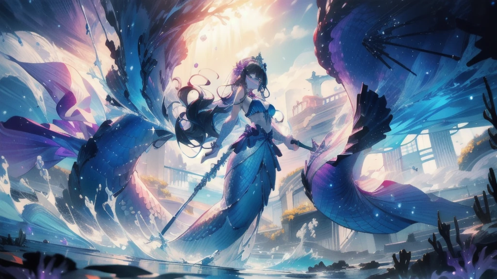 ((masterpiece, best quality)), Epic battlefield atmosphere，Delicate face，Mermaid Under the Sea，Holding a staff，whole body，Standing picture，glowing purple eyes，Large Breasts，Gradient white long wavy hair，Perfect body proportions，Pure white background，Water Ripples，Lace，Sex bikini