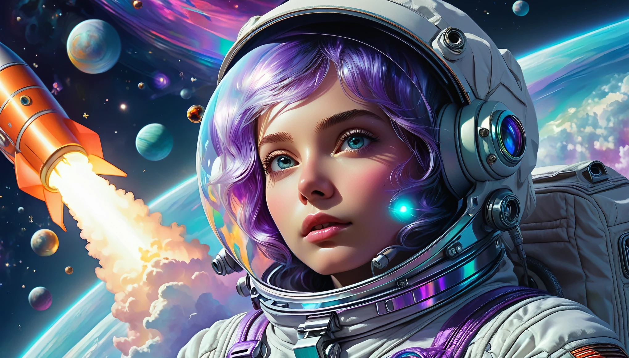 (masterpiece, best quality, high resolution), (detailed skin, detailed face), 
(astral art:1.3), (iridescent, hallucinogenic:1.5),1girl, spacesuit, space, rocket.