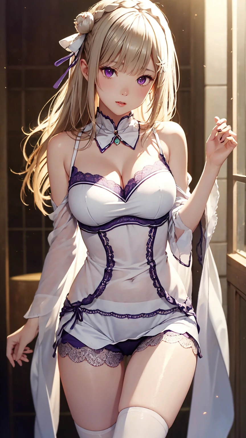 Super detailed、High quality and realistic skin texture、Particles of light:0.5、、Beautiful cleavage、Natural Texture、Lace shorts、Crystal clear blonde hair、A super low-rise skirt that shows off the pubic bone、Bold sexy pose、、ribbon