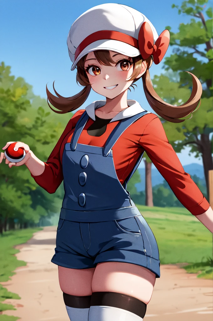 masterpiece, best quality, highres, ly01, overalls, white thighhighs, red bow, red shirt, white headwear, hat bow, eyelashes, cowboy shot, outdoors, smile, holding poke ball, poke ball, looking at standing 