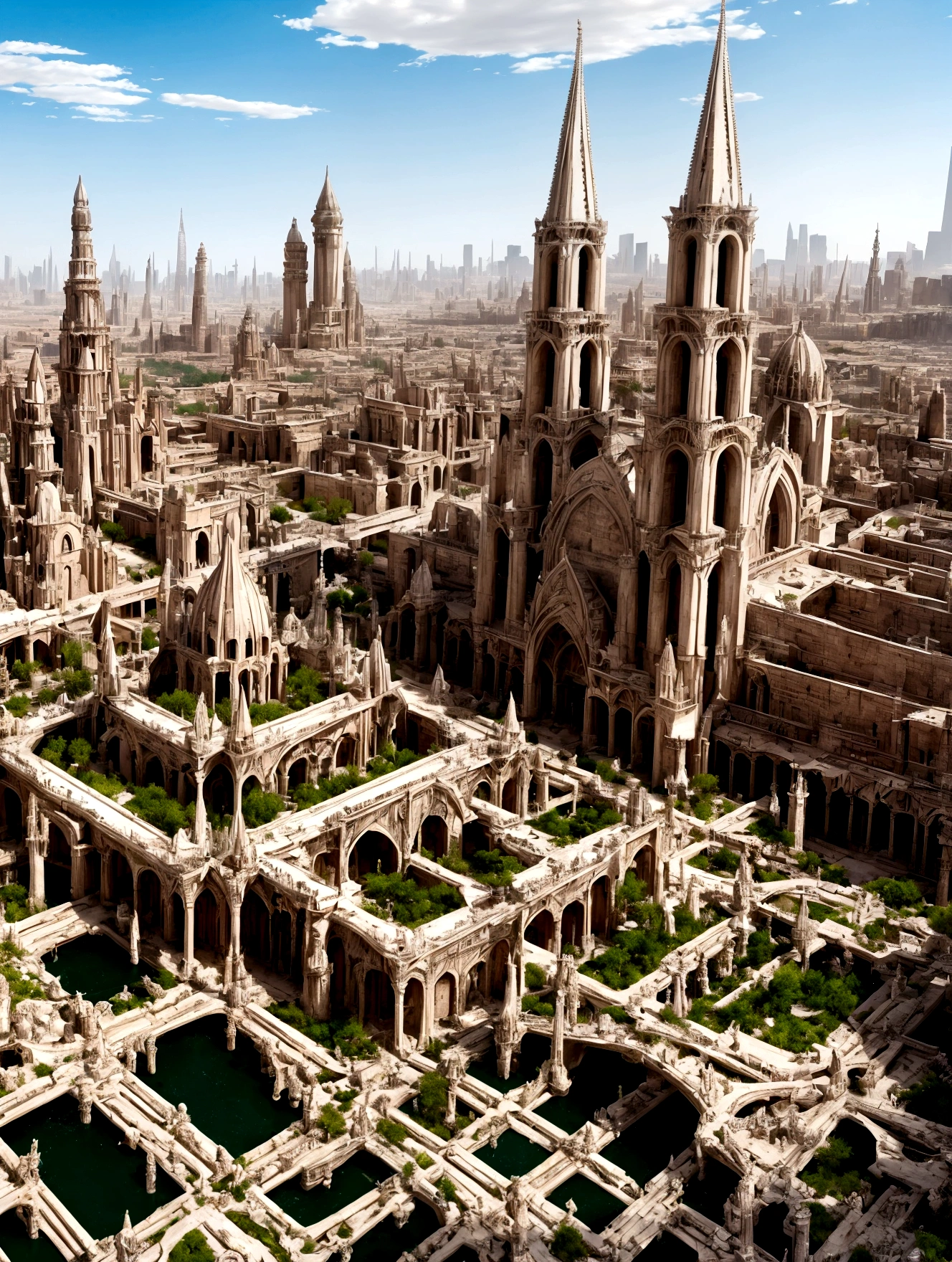 In the heart of the desert, ancient whispers echo through the gleaming spires of an shiny white city that defies time. The city is filled with beautiful intricate and interconnected canals and a lush exuberant vegetation, closeup view.