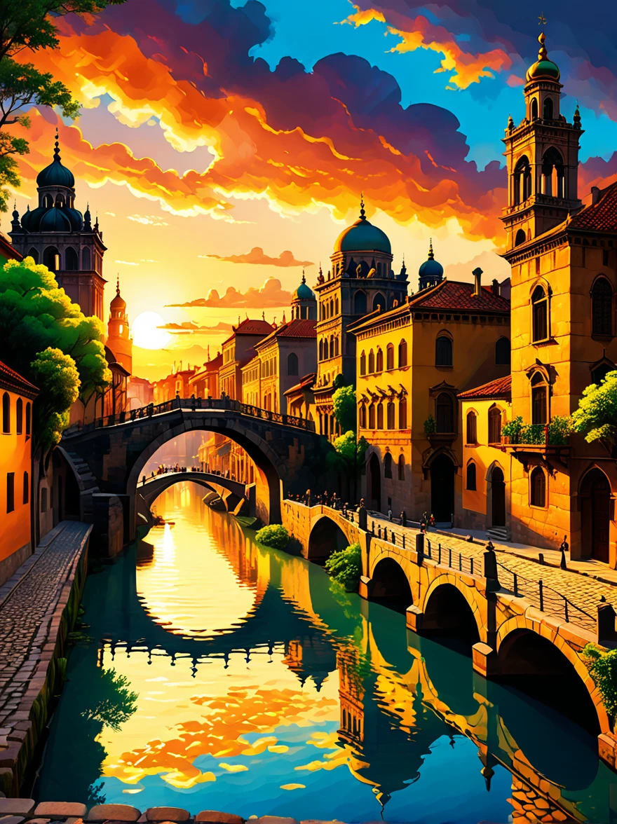 paysage de la vieille ville au coucher du soleil, architecture historique, Soleil chaud, nuages vifs, canal d&#39;eau tranquille, pont ancien, chemin pavé, Ambiance romantique, Ciel doré, silhouettes de dômes et de tours, soirée paisible