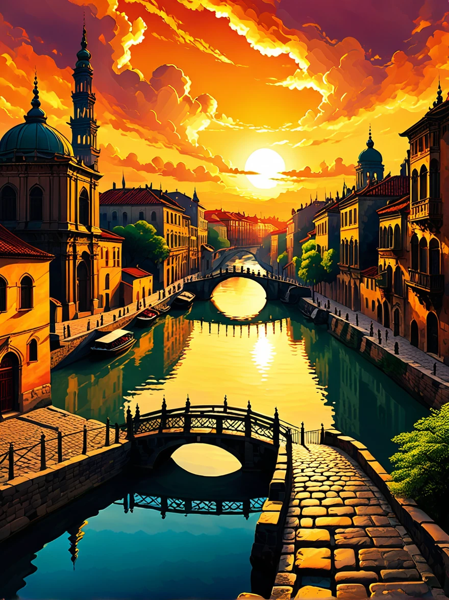 夕陽下的老城景觀, 历史建筑, 溫暖的陽光, 生动的云彩, 寧靜的水運河, 古橋, 鵝卵石路, 浪漫氛围, 金色的天空, 圓頂和塔樓的輪廓, 寧靜的夜晚