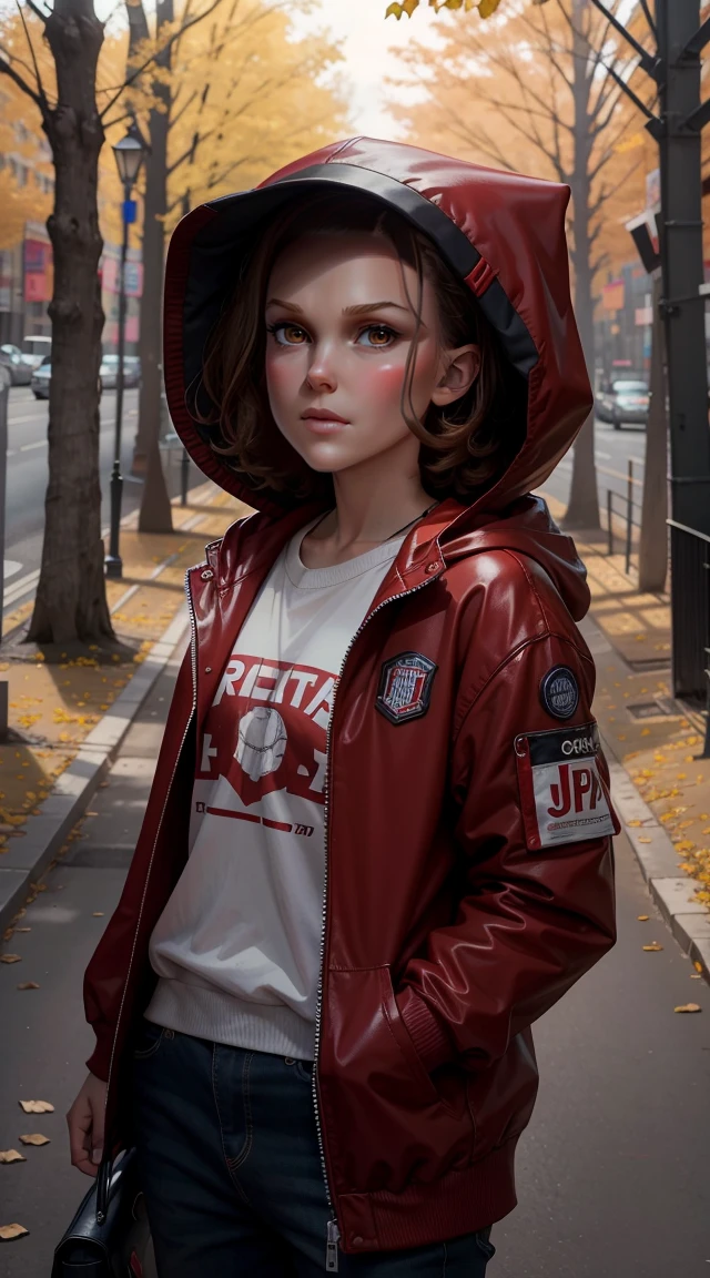 score_9_up, score_8_up, score_7_up, Millie Bobby Brown, mbb, wearing a red jacket and a hood in a dark forrest, horror style, stranger things, netflix