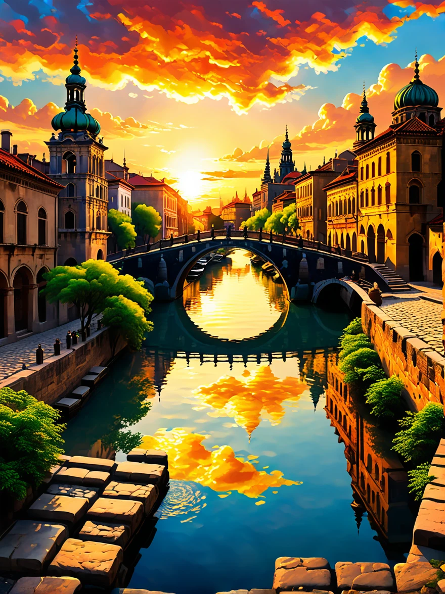 夕陽下的老城景觀, 历史建筑, 溫暖的陽光, 生动的云彩, 寧靜的水運河, 古橋, 鵝卵石路, 浪漫氛围, 金色的天空, 圓頂和塔樓的輪廓, 寧靜的夜晚