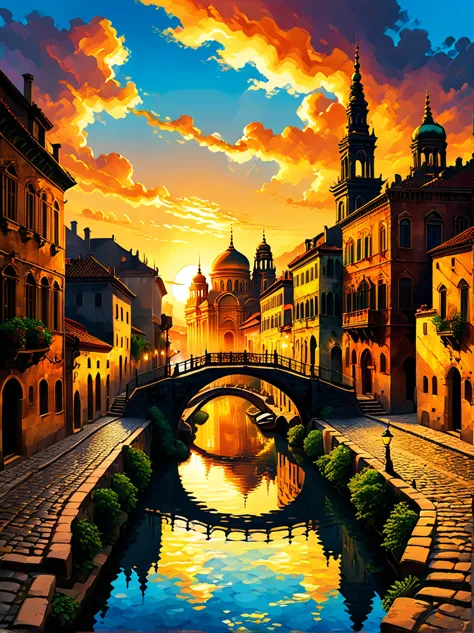 old city landscape at sunset, historical architecture, Warm sunshine, vivid clouds, tranquil water canal, ancient bridge, cobble...