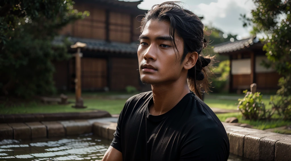 samurai meditating, wearing black t-shirt ,wet ground, cloudy sky, very detailed face, ultra realistic