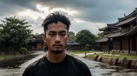 samurai meditating, wearing black t-shirt ,wet ground, cloudy sky, very detailed face, ultra realistic