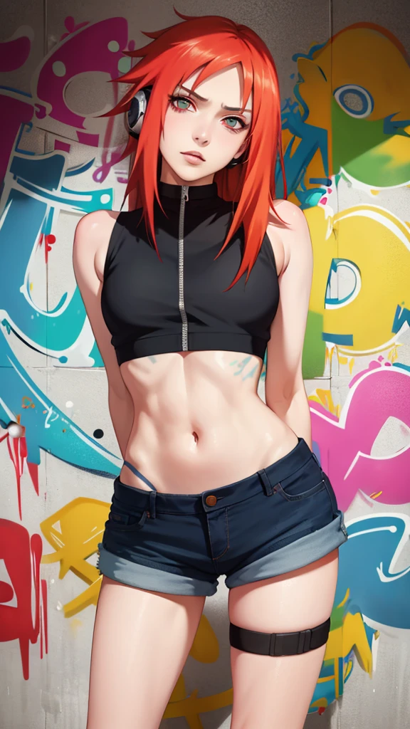 masterpiece, best quality, 1girl, solo, crop top, denim shorts, choker, (graffiti:1.5),  arms behind back, against wall, looking at viewer, armband, thigh strap, head tilt, bored, blonde hair, aqua eyes, headset, Naruto jutsu sexy (naruko Uzumaki).