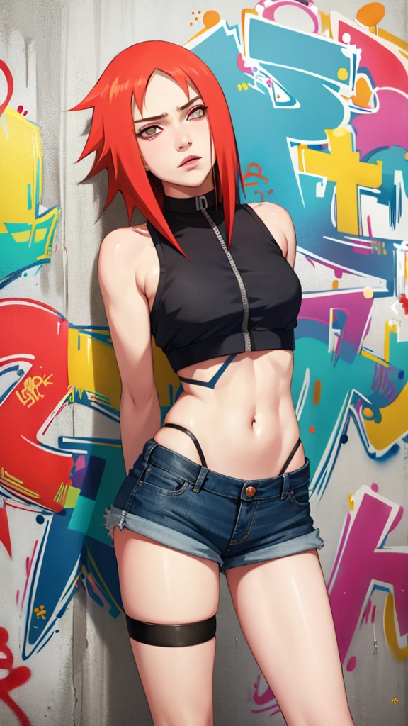 masterpiece, best quality, 1girl, solo, crop top, denim shorts, choker, (graffiti:1.5),  arms behind back, against wall, looking at viewer, armband, thigh strap, head tilt, bored, blonde hair, aqua eyes, headset, Naruto jutsu sexy (naruko Uzumaki).