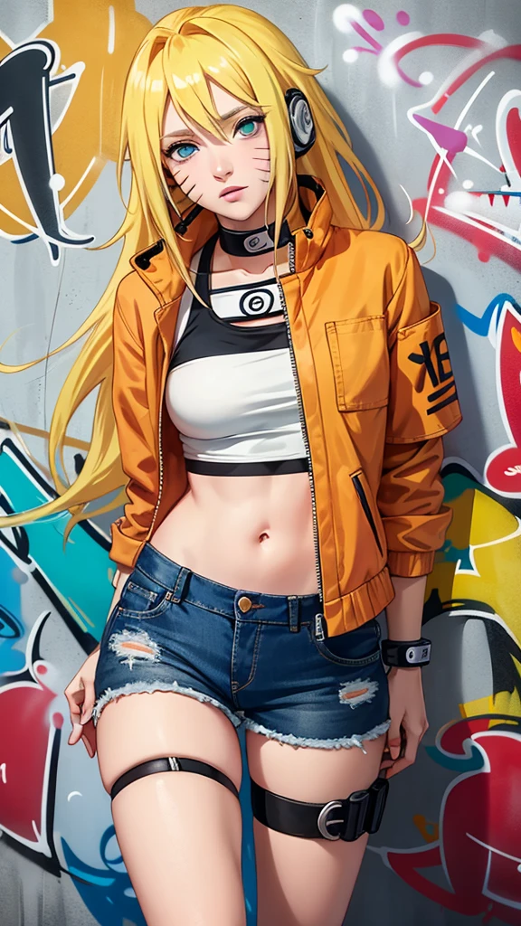 masterpiece, best quality, 1girl, solo, crop top, denim shorts, choker, (graffiti:1.5),  arms behind back, against wall, looking at viewer, armband, thigh strap, head tilt, bored, blonde hair, aqua eyes, headset, Naruto jutsu sexy (naruko Uzumaki).